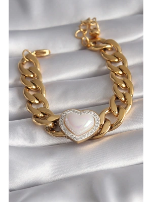 MuI MuI 316L Çelik Gold Renk Pembe 3D Kalp Model Zirkon Taşlı Kadın Bileklik