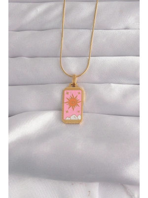 MuI MuI 316L Çelik Gold Renk Pembe Mineli Güneş Model Tarot Kolye