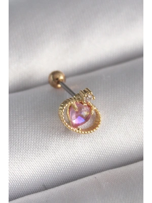 MuI MuI 316L Çelik Gold Renk Pembe Mineli Kalp Zirkon Taş Detay Tragus Piercing