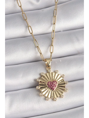 MuI MuI 316L Çelik Gold Renk Pembe Zirkon Taşlı Kalp İşleme Madalyon Model Kadın Kolye