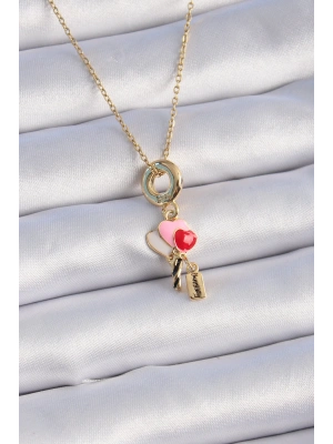 MuI MuI 316L Çelik Gold Renk Renkli Kalp Figür Charm Model Kadın Kolye