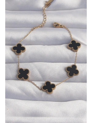 MuI MuI 316L Çelik Gold Renk Siyah Mineli Yonca Bileklik