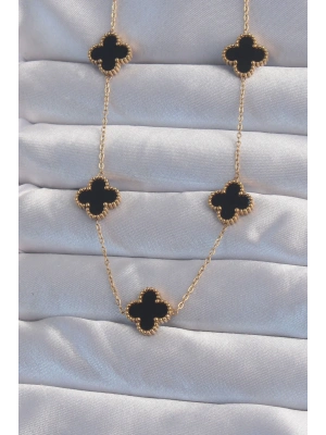 MuI MuI 316L Çelik Gold Renk Siyah Mineli Yonca Kolye