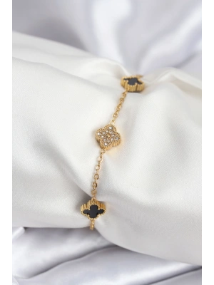 MuI MuI 316L Çelik Gold Renk Siyah ve Zirkon Taşlı Baby Boy Yonca Kadın Bileklik