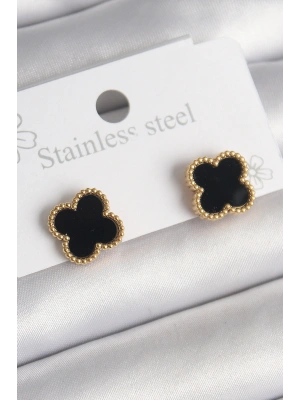 MuI MuI 316L Çelik Gold Renk Siyah Yonca Model Kadın Küpe