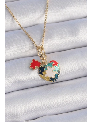 MuI MuI 316L Çelik Gold Renk Yapboz Motif Kalp Figür Charm Model Kadın Kolye
