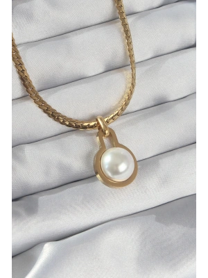 MuI MuI 316L Çelik Gold Renk Yassı Zincir İnci Taşlı Kolye