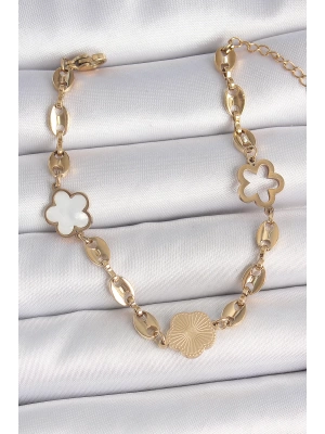 MuI MuI 316L Çelik Gold Renk Yonca Model İşleme Detaylı Kadın Bileklik