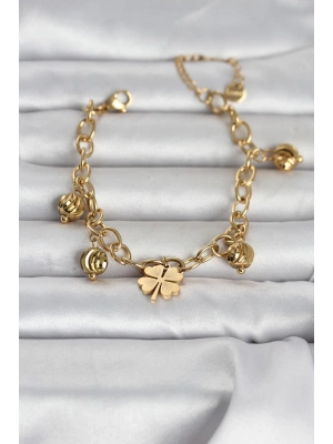 MuI MuI 316L Çelik Gold Renk Yonca ve Dorikalı Kadın Bileklik