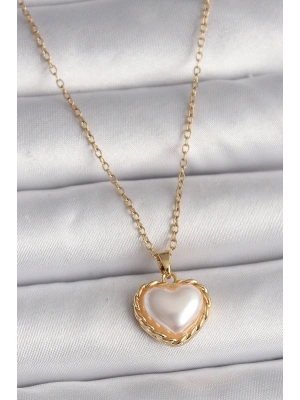 MuI MuI 316L Çelik Gold Renk Zincir 3D İnci Kalp Model Kadın Kolye