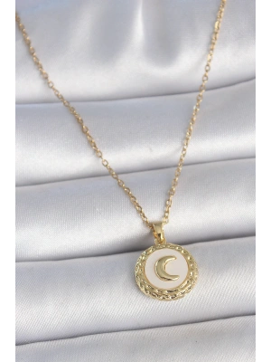 MuI MuI 316L Çelik Gold Renk Zincir Beyaz Mineli Hilal İşlemeli Madalyon Model Kadın Kolye