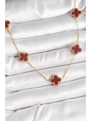 MuI MuI 316L Çelik Gold Renk Zincir Bordo Yonca Model Kadın Kolye