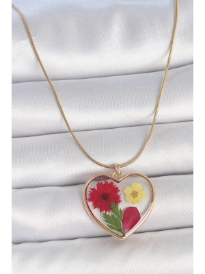 MuI MuI 316L Çelik Gold Renk Zincir Epokis Kalp Doğal Çiçek Model Kadın Kolye