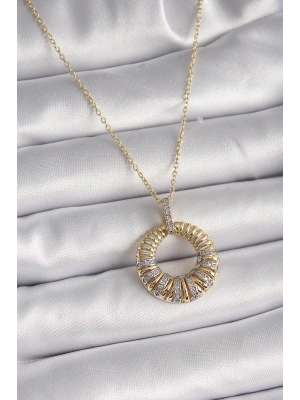 MuI MuI 316L Çelik Gold Renk Zincir Gümüş Zirkon Taşlı Daire Model Kadın Kolye