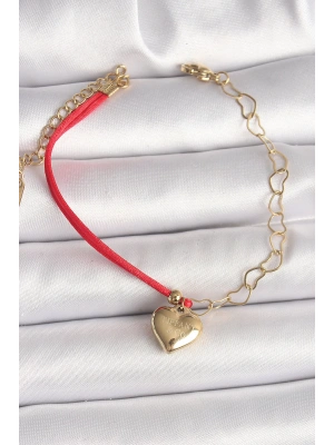 MuI MuI 316L Çelik Gold Renk Zincir Kırmızı İp Model Sallantı Kalp Figür İşleme Detaylı Kadın Bileklik