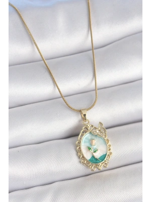 MuI MuI 316L Çelik Gold Renk Zincir Mavi Mineli Çiçek İşlemeli Zirkon Taş Detaylı Portre Model Kadın Kolye