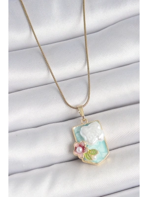 MuI MuI 316L Çelik Gold Renk Zincir Mavi Mineli İncili Çiçek İşlemeli Portre Model Kadın Kolye