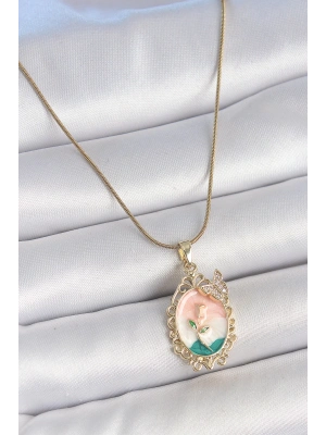 MuI MuI 316L Çelik Gold Renk Zincir Mix Renk Çiçek İşlemeli Zirkon Taş Detaylı Portre Model Kadın Kolye