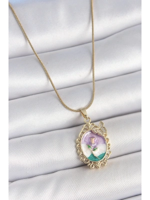 MuI MuI 316L Çelik Gold Renk Zincir Mix Renk Mineli Çiçek İşlemeli Zirkon Taş Detaylı Portre Model Kadın Kolye