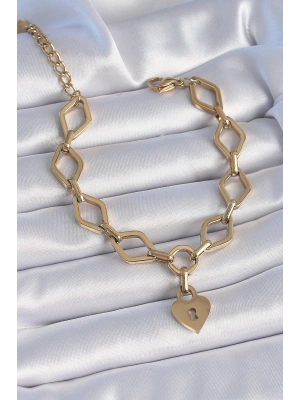 MuI MuI 316L Çelik Gold Renk Zincir Model Kilit Kalp Figür Kadın Bileklik