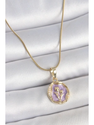 MuI MuI 316L Çelik Gold Renk Zincir Mor Mineli Çiçek İşlemeli Portre Model Kadın Kolye