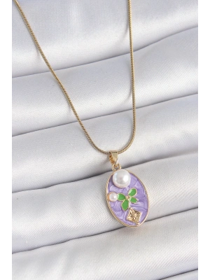 MuI MuI 316L Çelik Gold Renk Zincir Mor Mineli Oval İncili Çiçek İşlemeli Portre Model Kadın Kolye