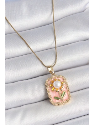 MuI MuI 316L Çelik Gold Renk Zincir Pembe Mineli İncli Papatya Model Portre Model Kadın Kolye