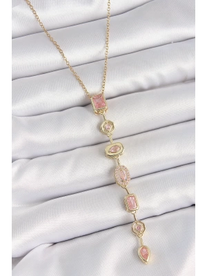 MuI MuI 316L Çelik Gold Renk Zincir Pembe Zirkon Taşlı Y Model Dekolte Kadın Kolye