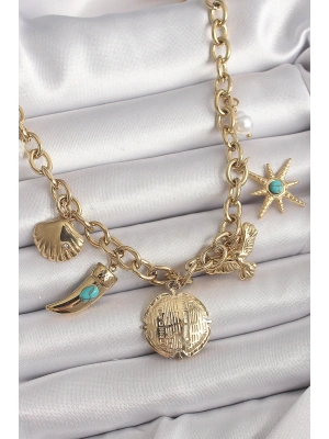 MuI MuI 316L Çelik Gold Renk Zincir Sallantılı Çoklu Figür Model Kadın Kolye