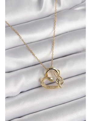 MuI MuI 316L Çelik Gold Renk Zincir Zirkon Taş Detaylı Kalp Model Sonsuzluk Detay Kadın Kolye