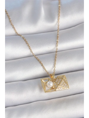 MuI MuI 316L Çelik Gold Renk Zincir Zirkon Taşlı Açılır İncili Elmas Model Kadın Kolye