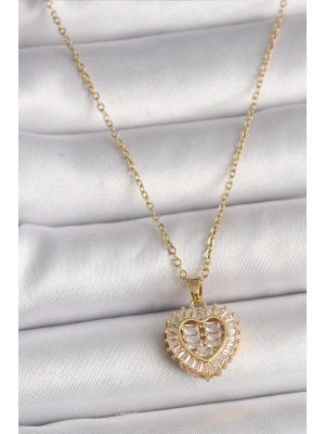 MuI MuI 316L Çelik Gold Renk Zincir Zirkon Taşlı Kalp Model Kadın Kolye