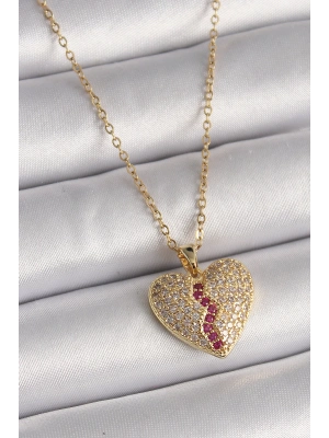 MuI MuI 316L Çelik Gold Renk Zincir Zirkon Taşlı Kalp Model Kadın Kolye