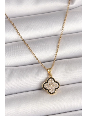 MuI MuI 316L Çelik Gold Renk Zincir Zirkon Taşlı Yonca Model Kadın Kolye