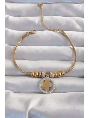 MuI MuI 316L Çelik Gold Renk Zirkon Taş Aksesuarlı Fatma Ana Eli Bileklik