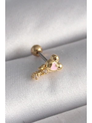 MuI MuI 316L Çelik Gold Renk Zirkon Taş Detay Pembe Kalp İşleme Tragus Piercing