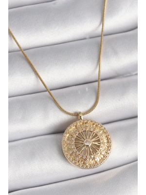 MuI MuI 316L Çelik Gold Renk Zirkon Taşlı 12 Burç Madalyon Model Kadın Kolye