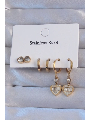 MuI MuI 316L Çelik Gold Renk Zirkon Taşlı Kalp Model Halka Küpe Seti