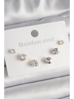 MuI MuI 316L Çelik Gold Renk Zirkon Taşlı Kalp Model Kadın Küpe Seti