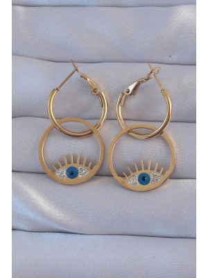 MuI MuI 316L Çelik Gold Renk Zirkon Taşlı Mavi Göz Tasarımlı Halka Küpe