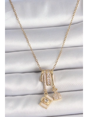 MuI MuI 316L Çelik Gold Renk Zirkon Taşlı Sallantı Fotoğraf Makinası Figür Charm Kadın Kolye