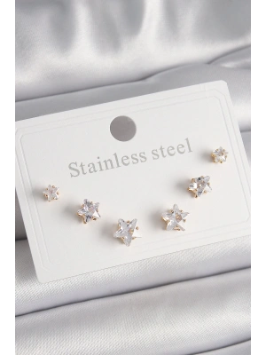 MuI MuI 316L Çelik Gold Renk Zirkon Taşlı Yıldız Model Kadın Küpe Seti