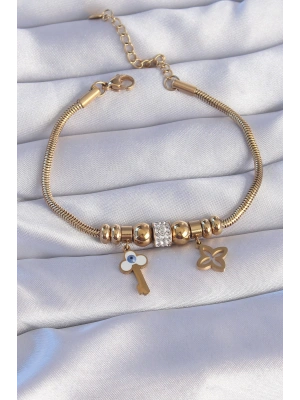 MuI MuI 316L Çelik Gold Renk Zirkon Taşlı Yonca Detay Nazarlı Anahtar Tasarımlı Bileklik