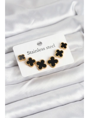 MuI MuI 316L Çelik Gold Siyah Renk 3 Boy Yonca Küpe Seti