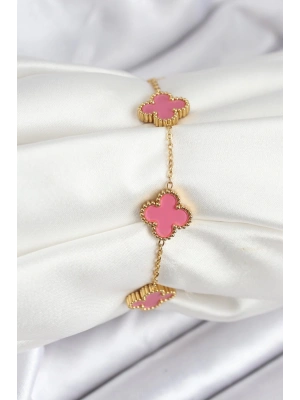 MuI MuI 316L Çelik Gold Zincir Pembe Yonca Renk Bileklik