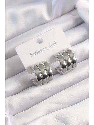 MuI MuI 316L Çelik Gümüş Renk 3lü Görünüm Bombe Model Yarım Halka Küpe