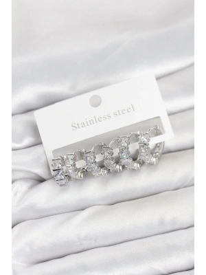 MuI MuI 316L Çelik Gümüş Renk Baget Zirkon Taşlı Halka Küpe Seti