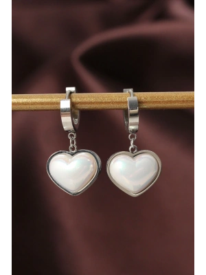 MuI MuI 316L Çelik Gümüş Renk Beyaz Bombeli Kalp Küpe