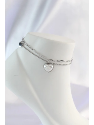 MuI MuI 316L Çelik Gümüş Renk Beyaz Kalpli 2li Halhal