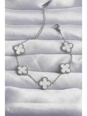 MuI MuI 316L Çelik Gümüş Renk Beyaz Sedefli Yonca Bileklik